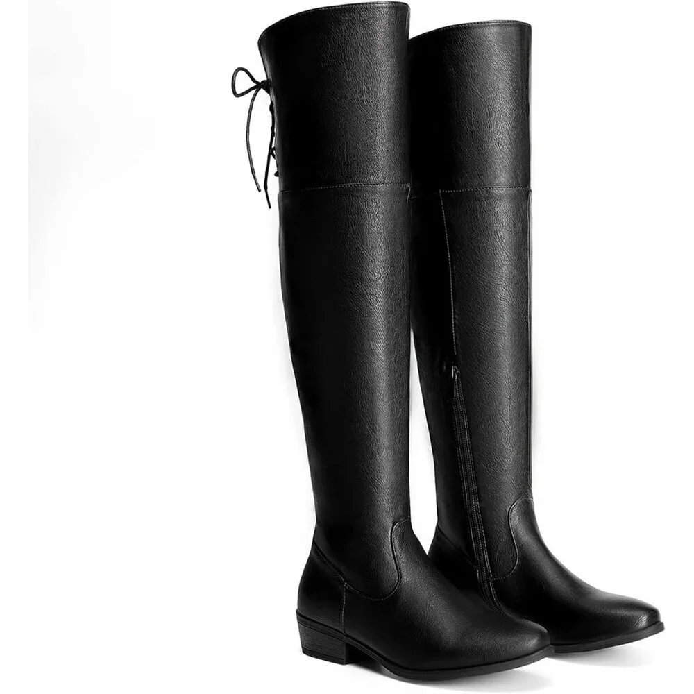 Women Black Pu Textile Over The Knee High Low Block Heel Pointed Toe Riding Boot